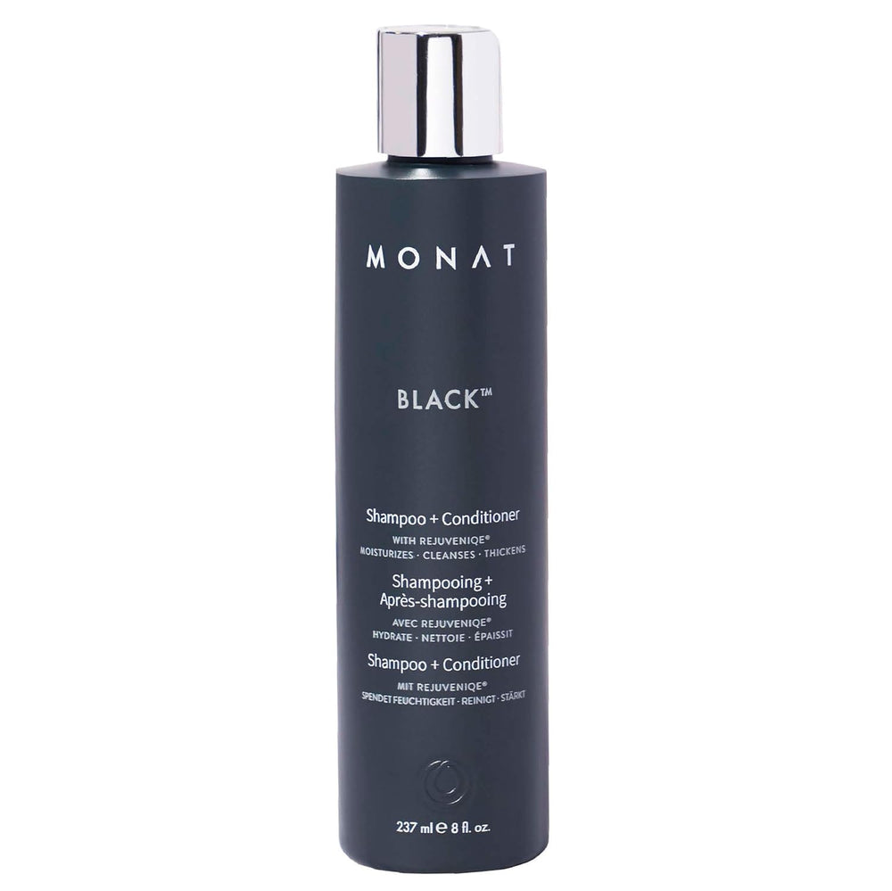 MONAT Black Shampoo bottle pour demonstrates 2-in-1 cleansing and conditioning.