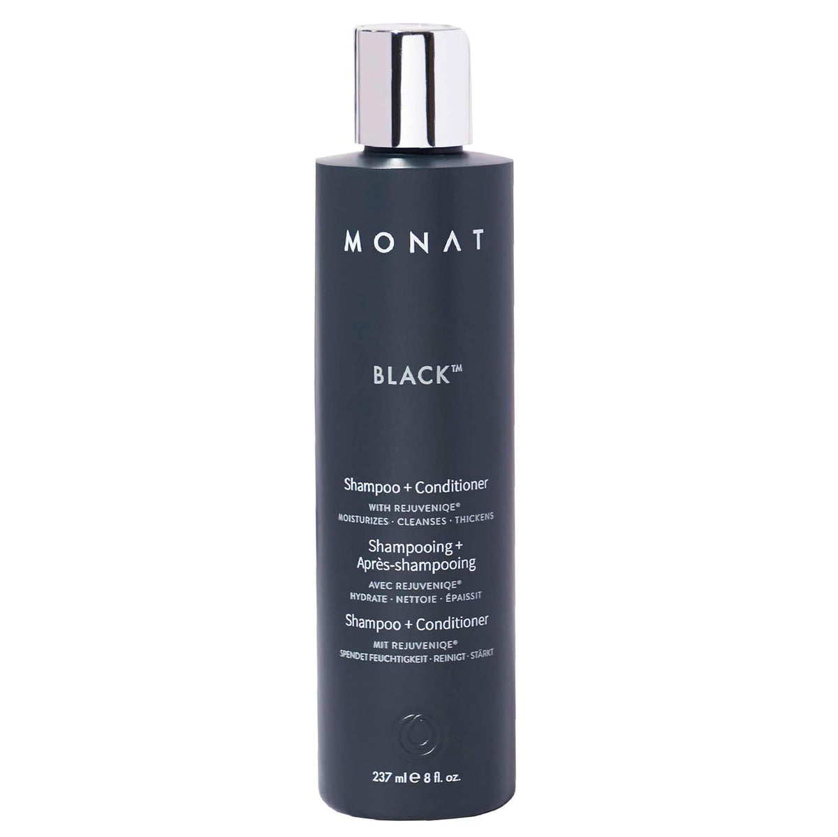 MONAT Black Shampoo bottle pour demonstrates 2-in-1 cleansing and conditioning.