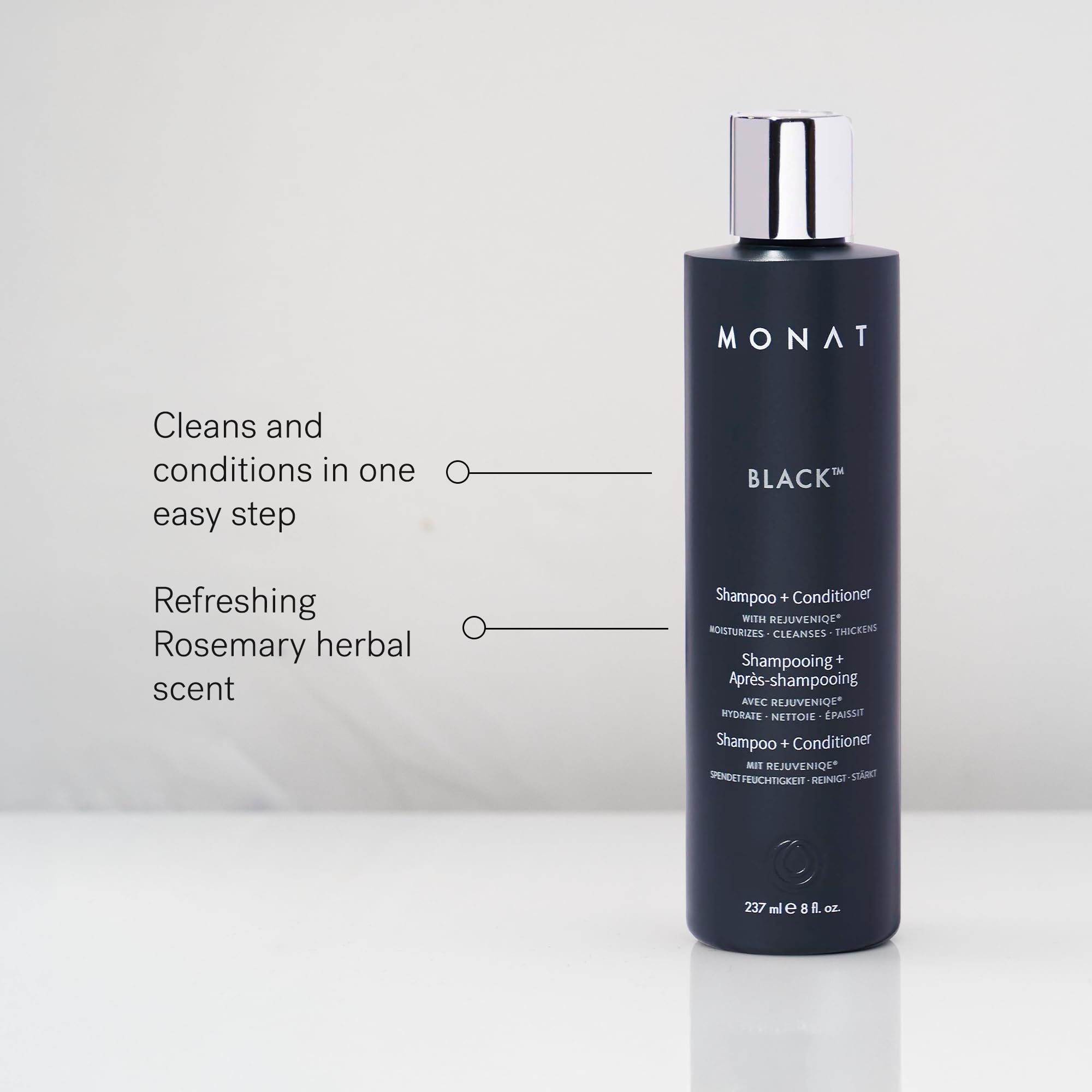 MONAT Black Shampoo and Conditioner duo-pack shown for all hair types.
