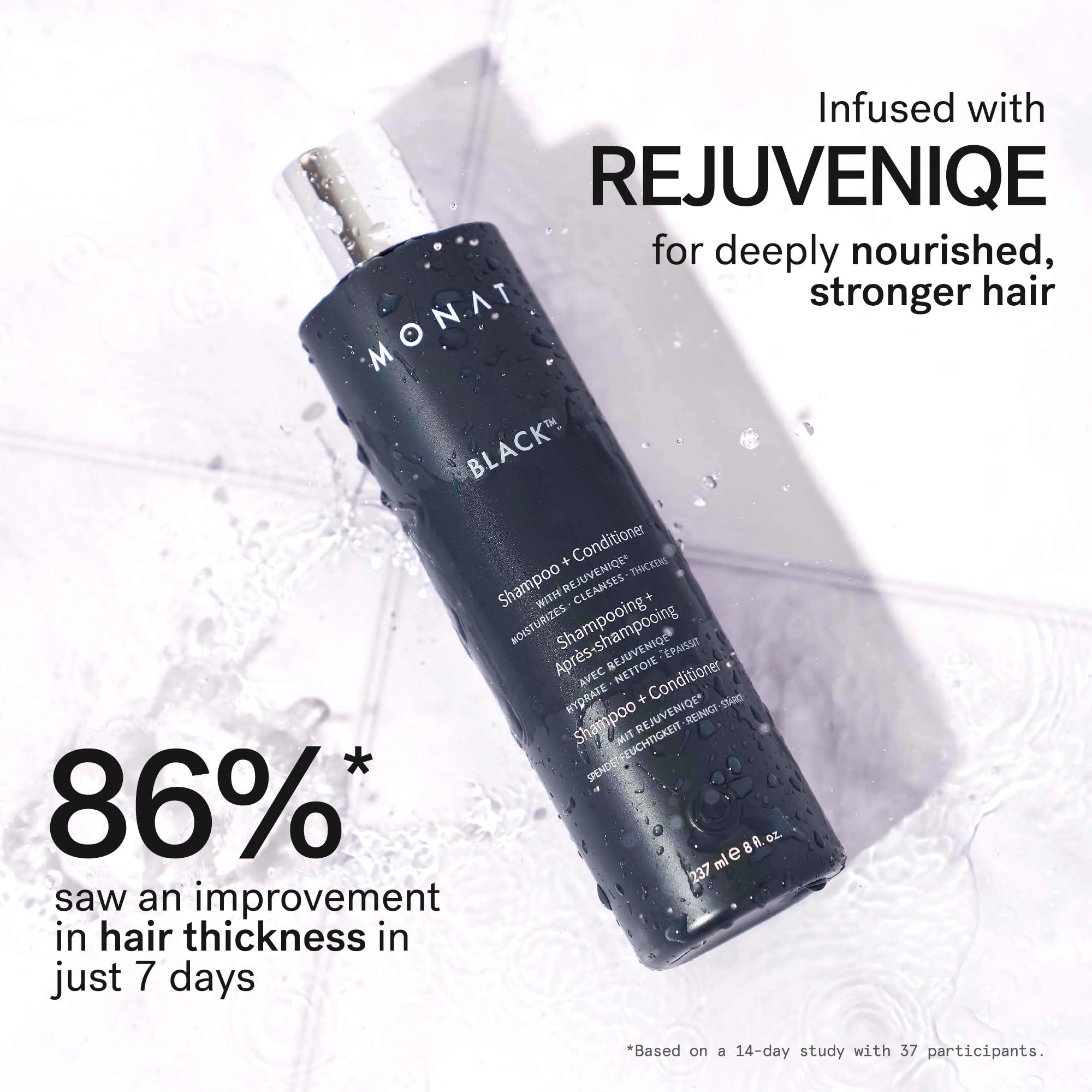 MONAT Black Shampoo foamy lather suggests a refreshing rosemary scent ritual.