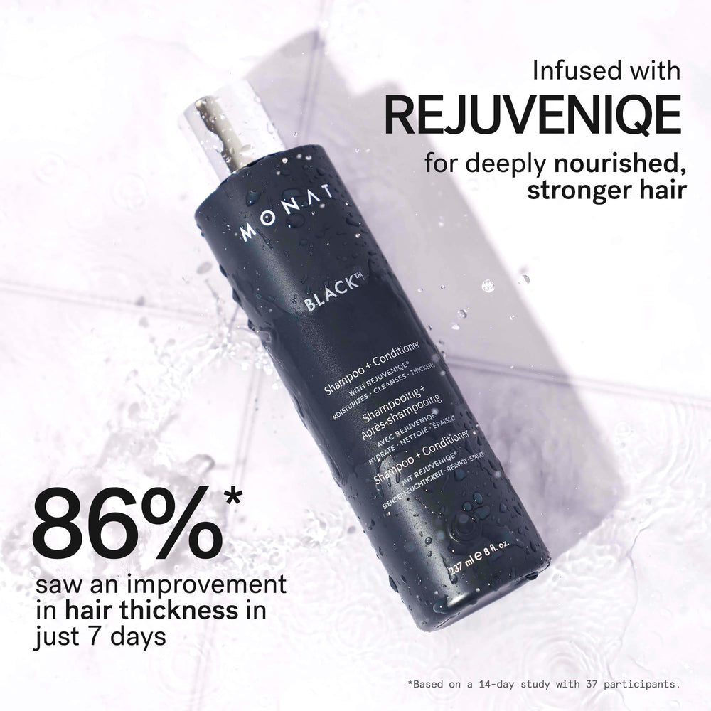MONAT Black Shampoo foamy lather suggests a refreshing rosemary scent ritual.