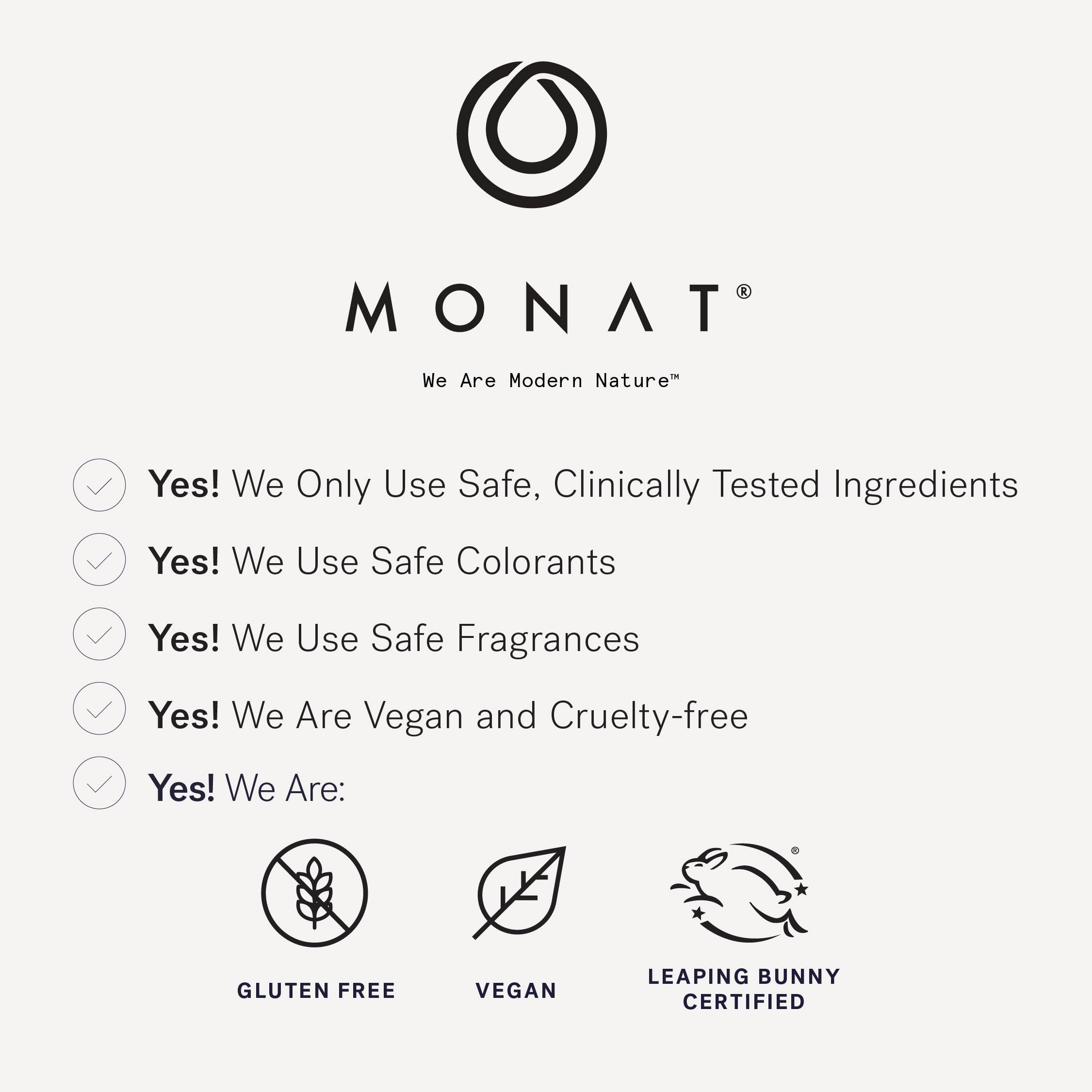Vegan, sulfate-free formula badge highlights clean beauty credentials for MONAT.