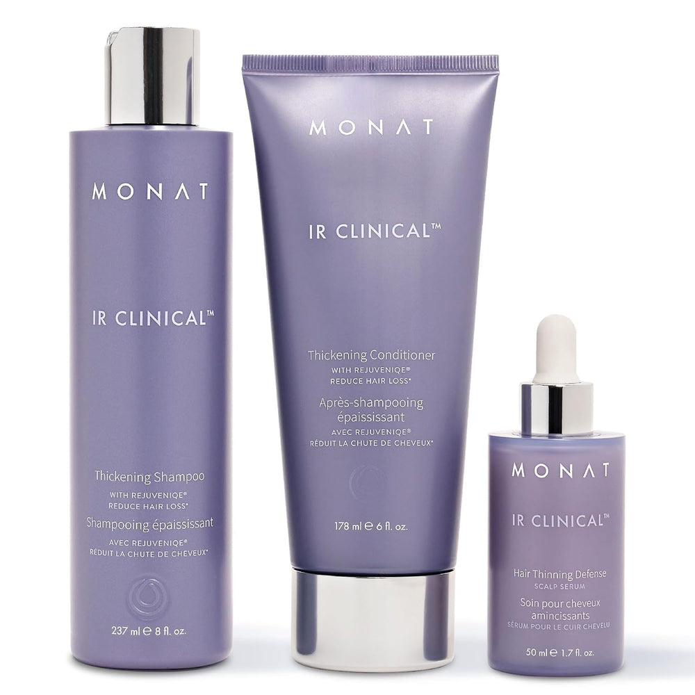 MONAT IR Clinical System thickening shampoo bottle highlighting volumizing cleanse for fuller-looking hair