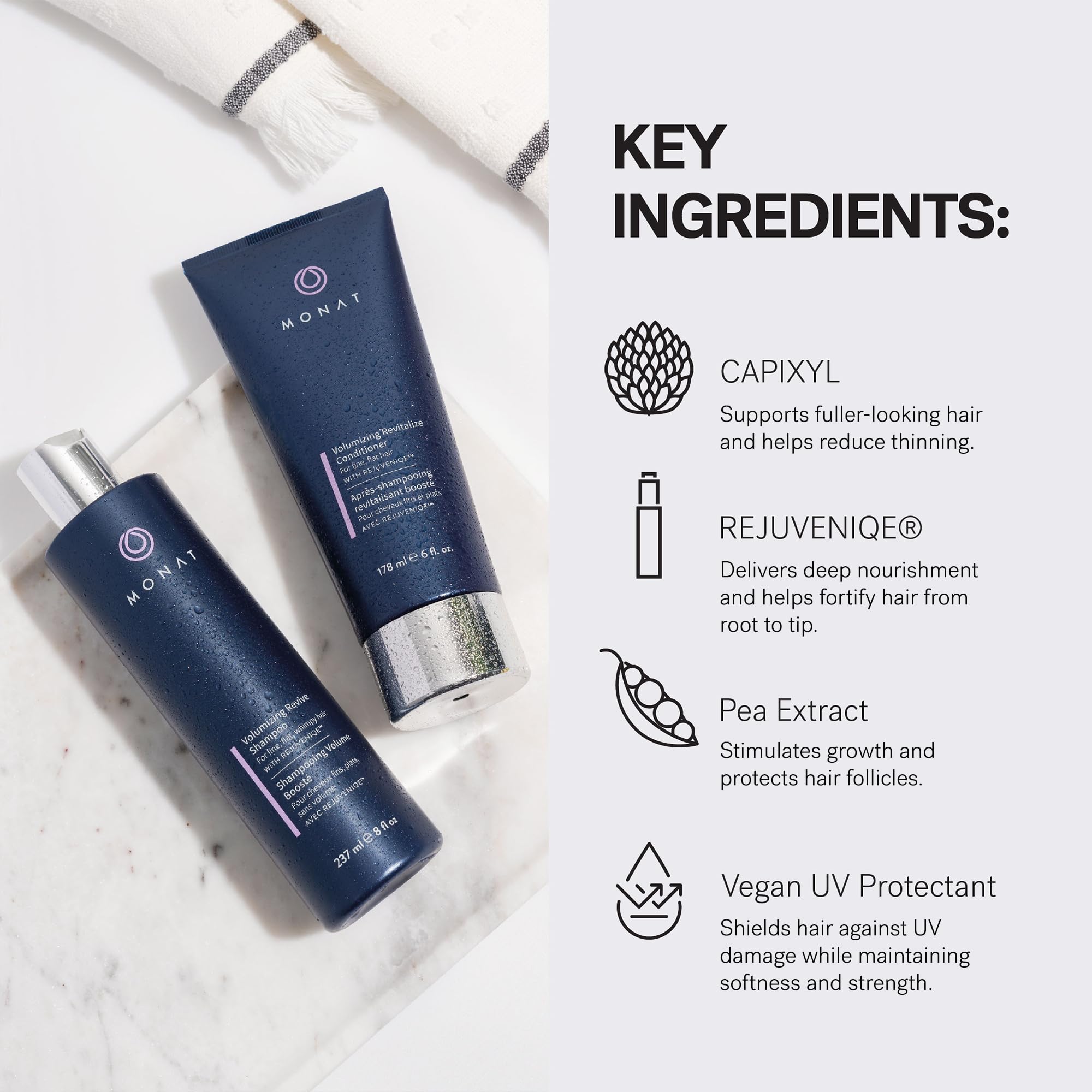 MONAT REJUVENIQE ingredients close-up showcases nourishing blend for density and resilience
