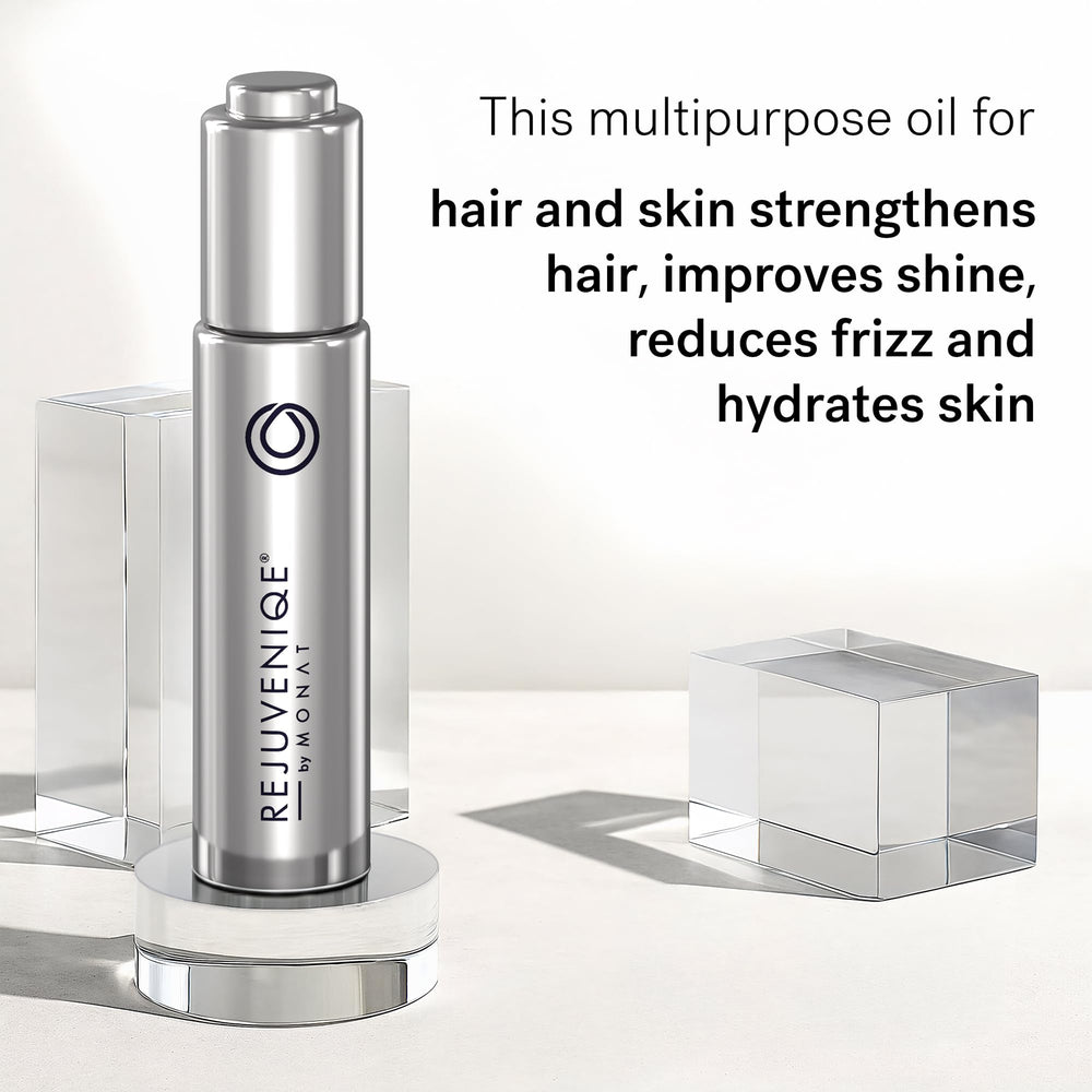MONAT REJUVENIQE Oil dropper-dispense enables easy pre-shampoo application.