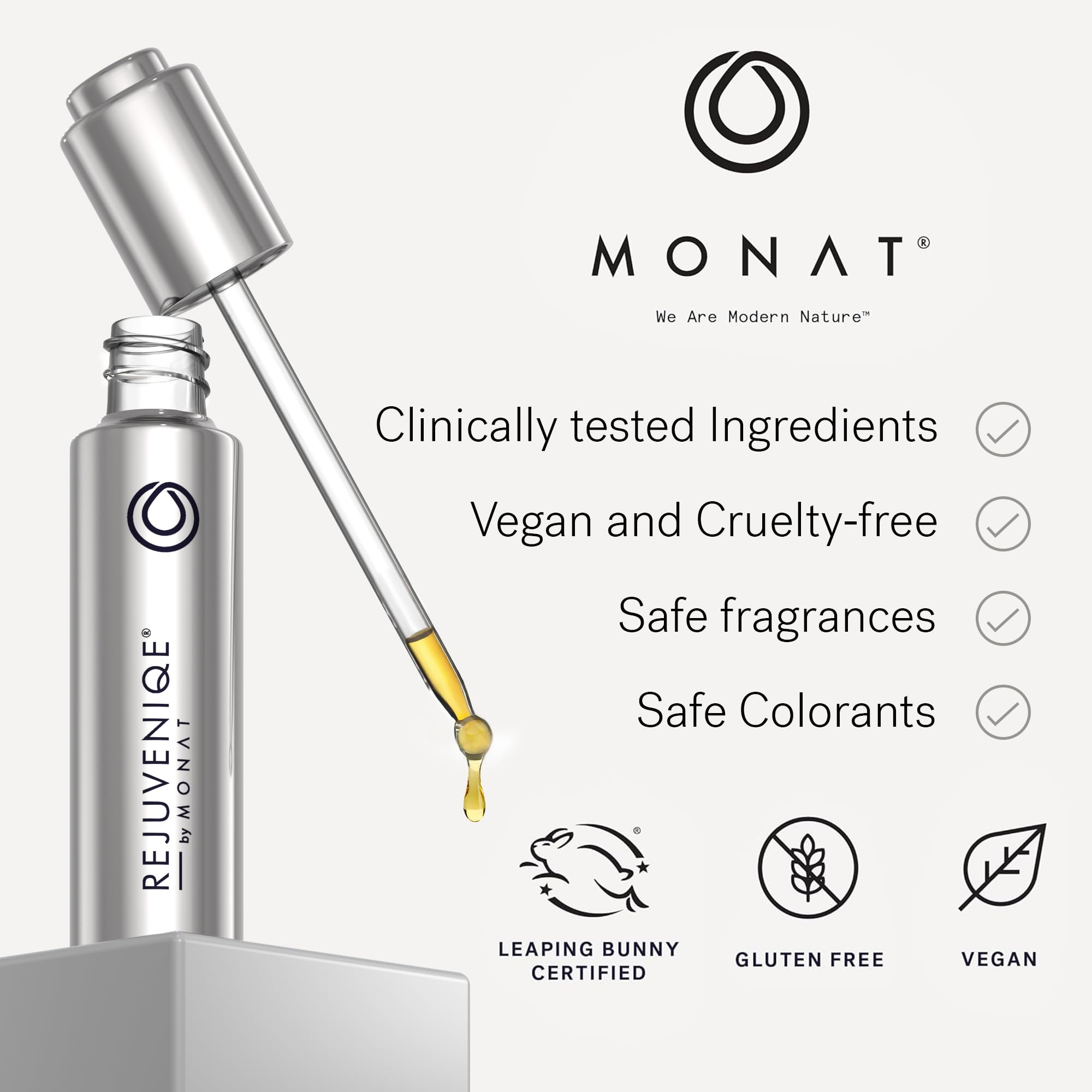 MONAT REJUVENIQE Oil packaging highlights sustainability and care.