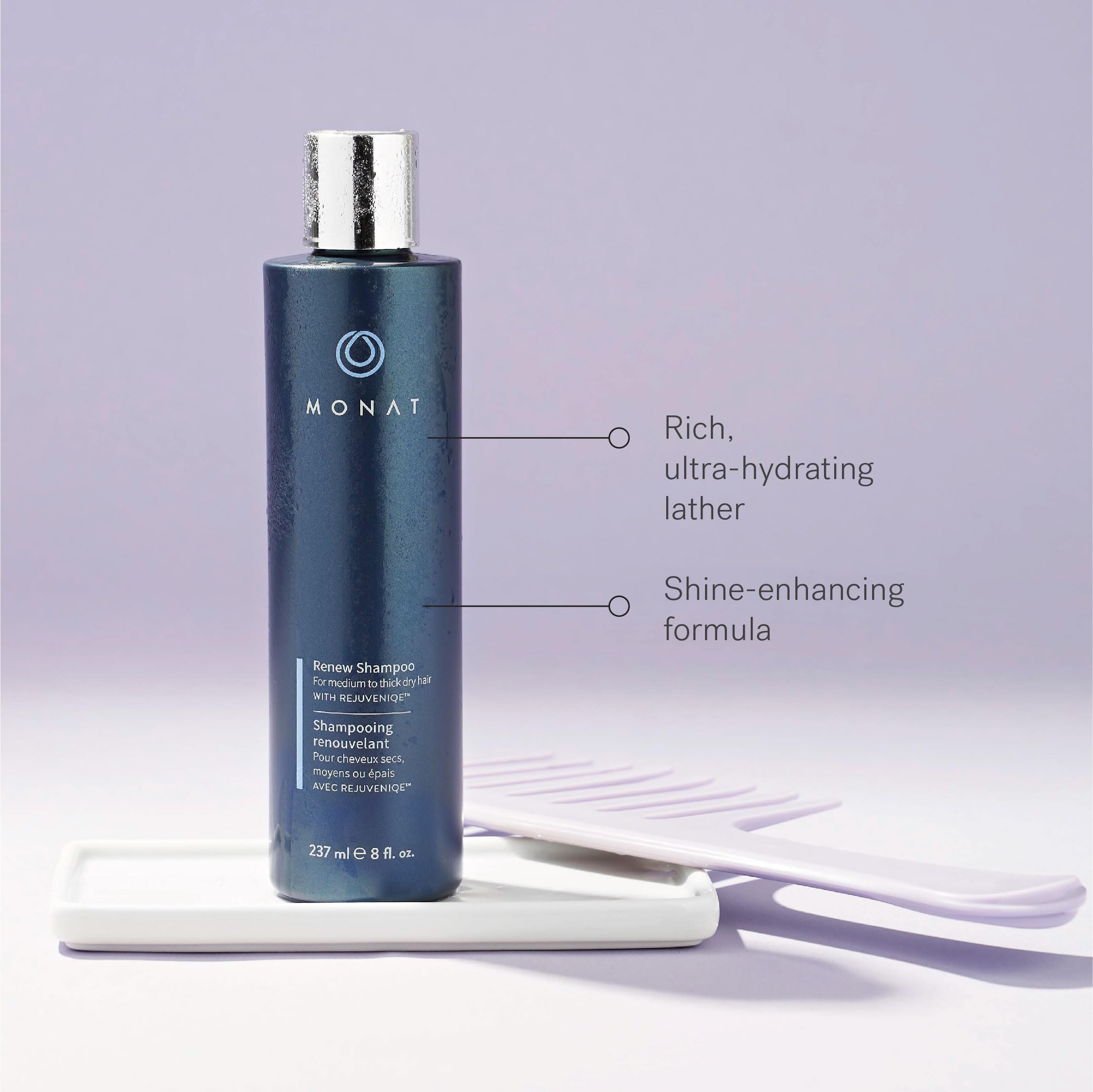 MONAT Renew Shampoo with Rejuveniqe oil blend nourishes omega fatty acids.