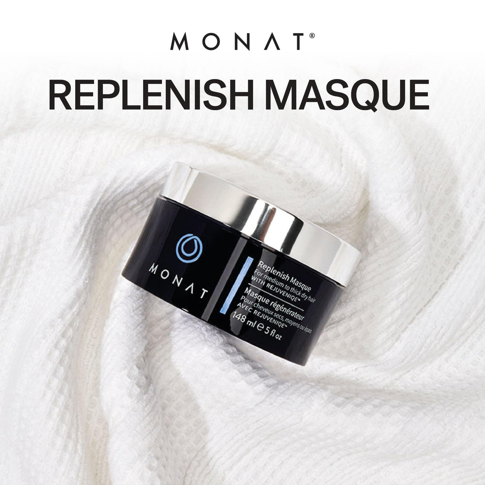 MONAT Replenish Masque pea extract highlights healthy-looking, soft hair.