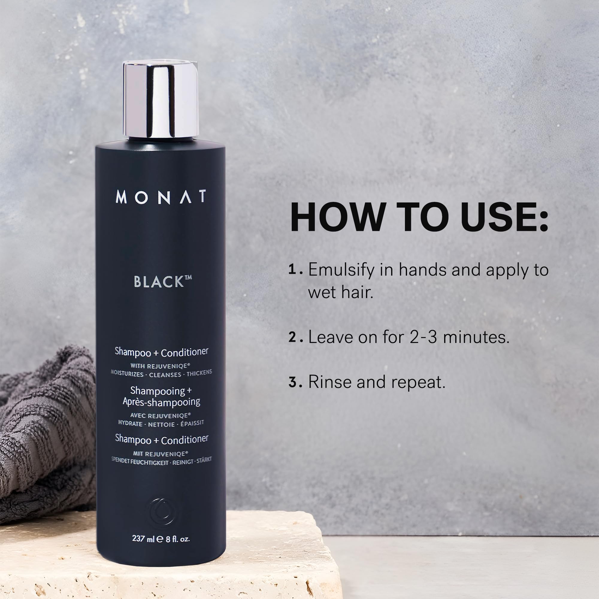 MONAT rosemary scent splash evokes spa-like sensory experience during wash.