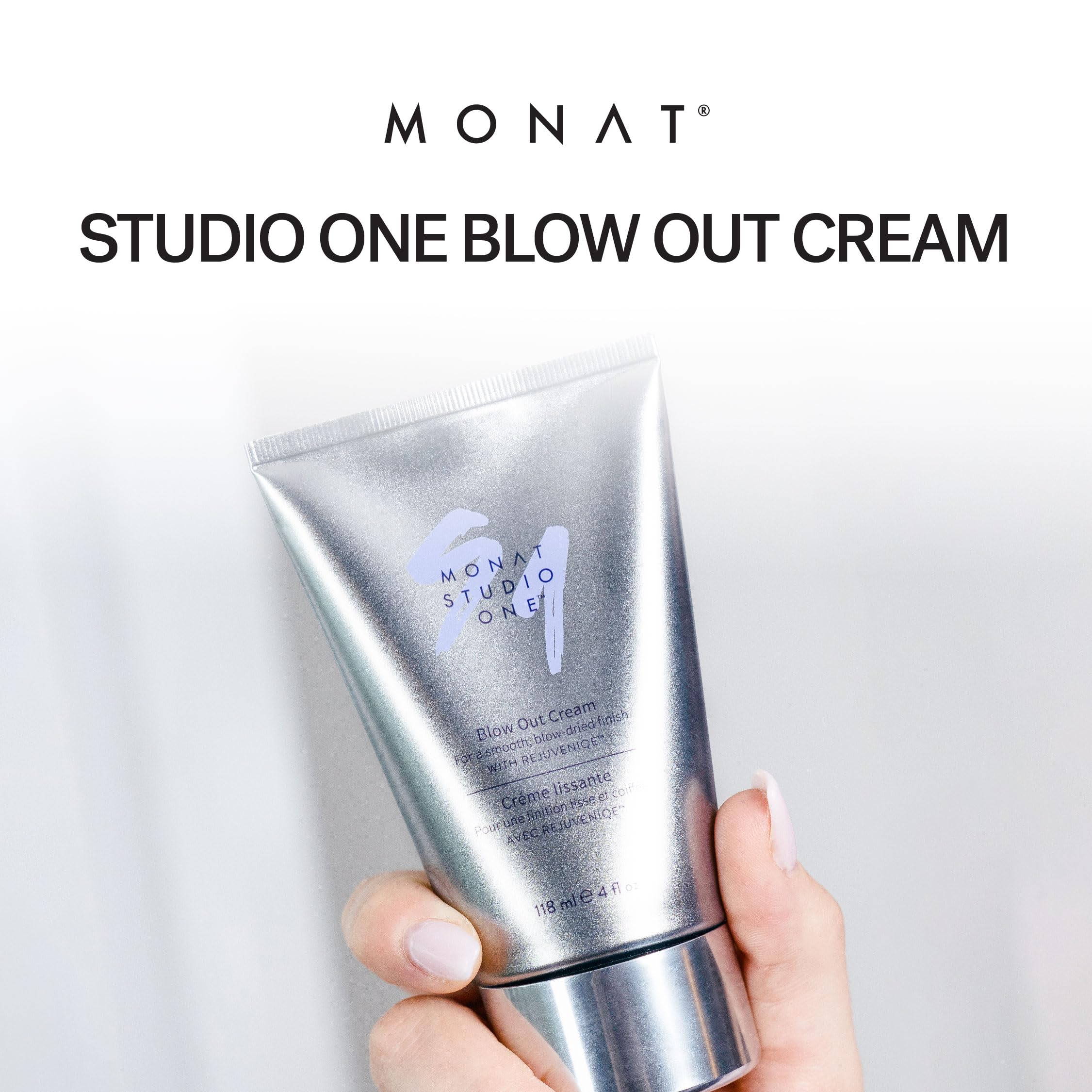MONAT Studio One Blow Out Cream pump applicator demonstrates easy root-to-tip use.