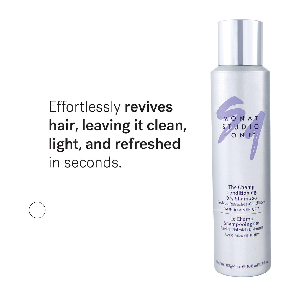 MONAT Studio One Champ dry shampoo application demonstrates quick root refresh and oil absorption.