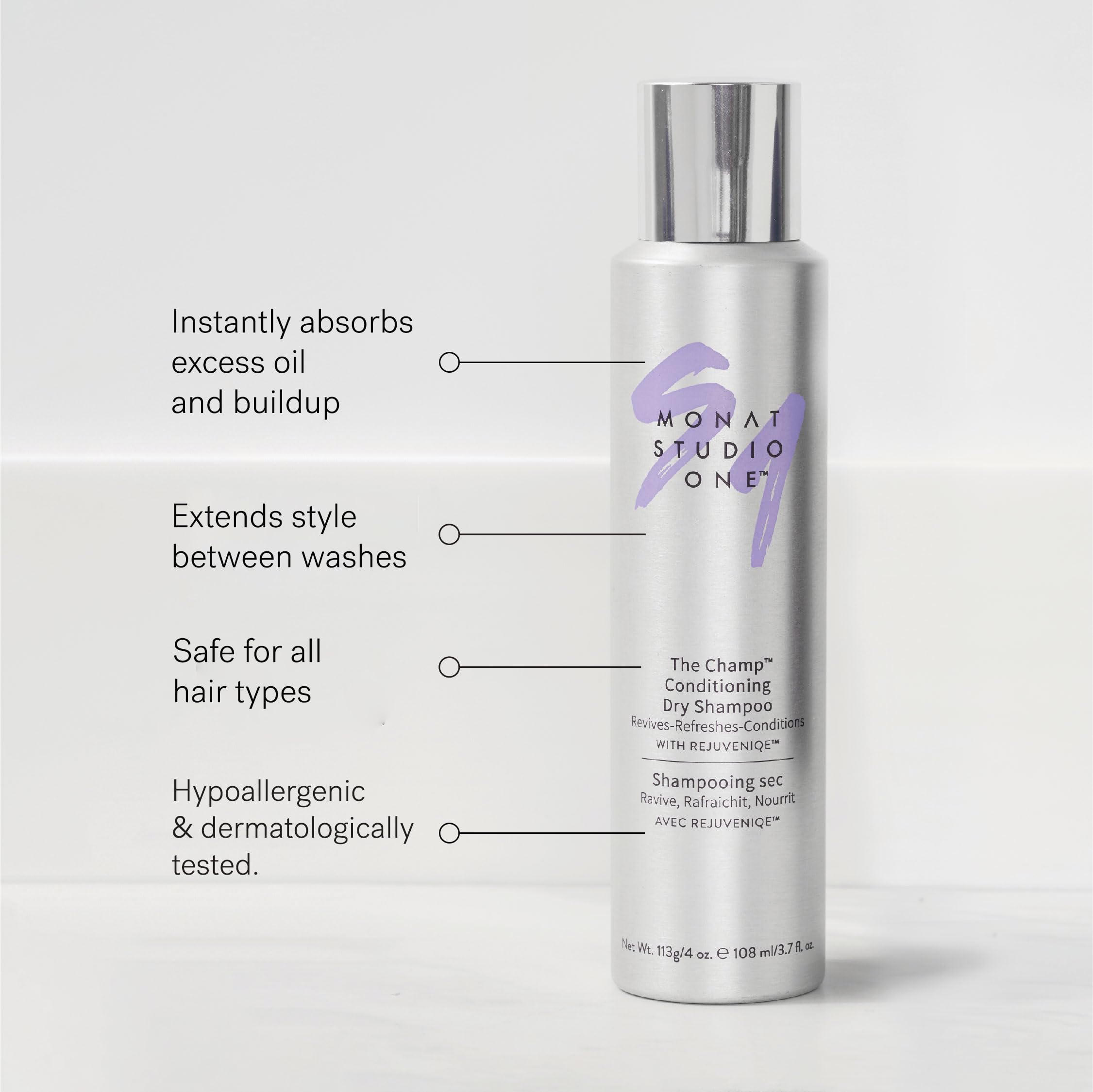 MONAT Studio One Champ rice starch visual highlighting oil absorption and refreshed roots.