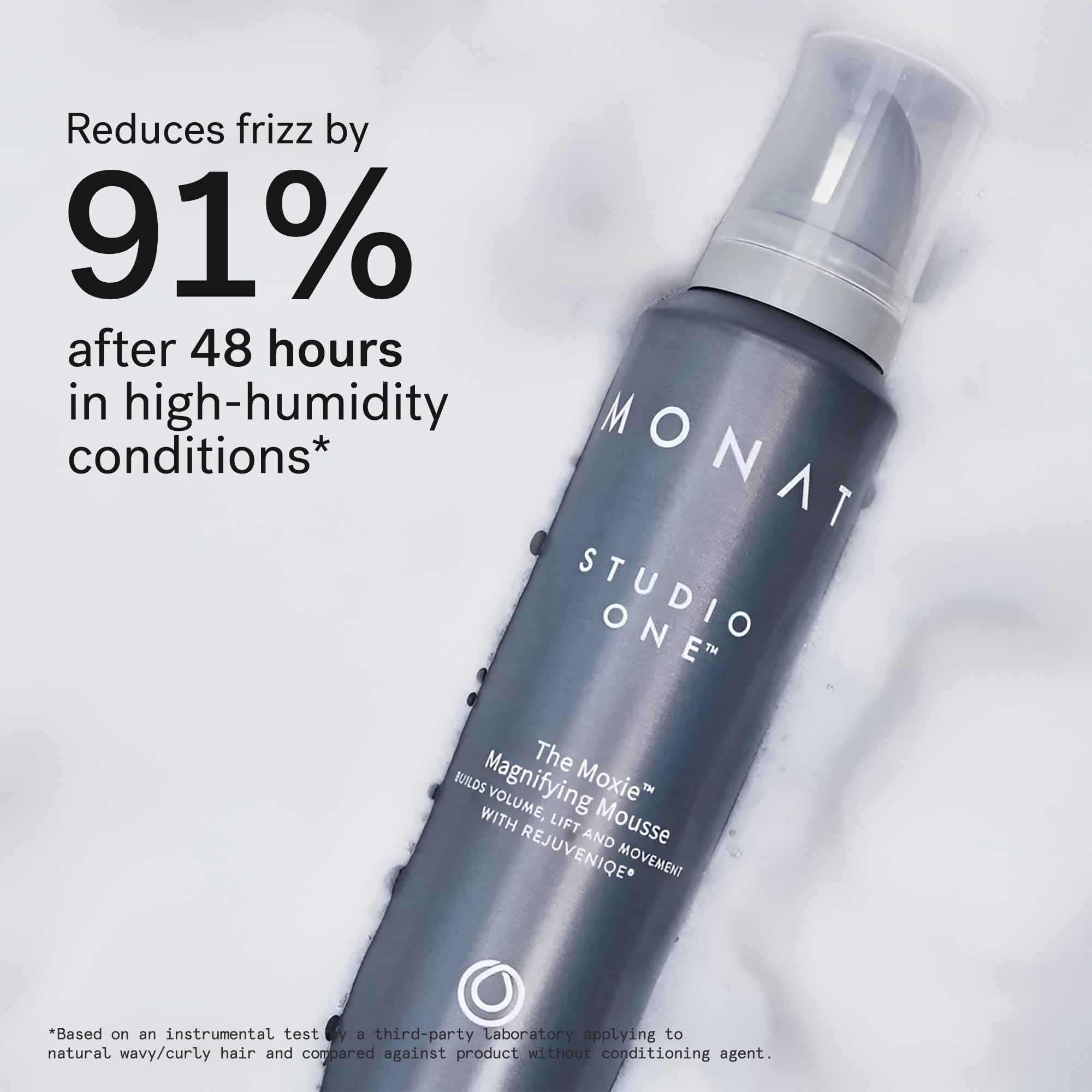 MONAT Moxie Magnifying Mousse applied to damp hair for instant lift.