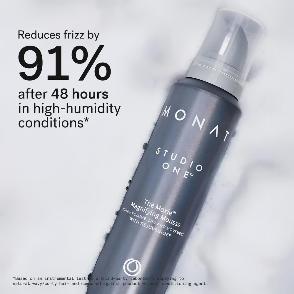 MONAT Moxie Magnifying Mousse applied to damp hair for instant lift.