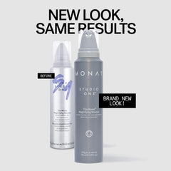 MONAT Moxie Magnifying Mousse dispenser close-up highlighting smooth texture.
