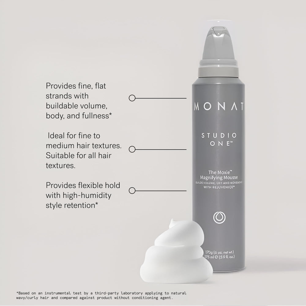 MONAT Moxie Magnifying Mousse close-up showing frizz control in humidity.