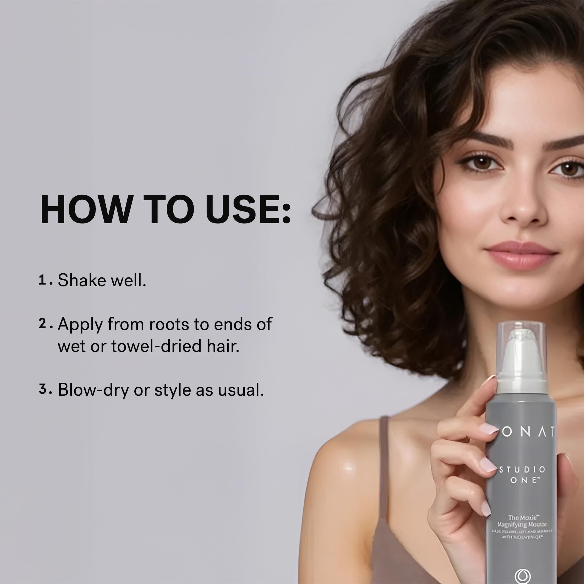 MONAT Moxie Magnifying Mousse styled after blow-dry for touchable hold.