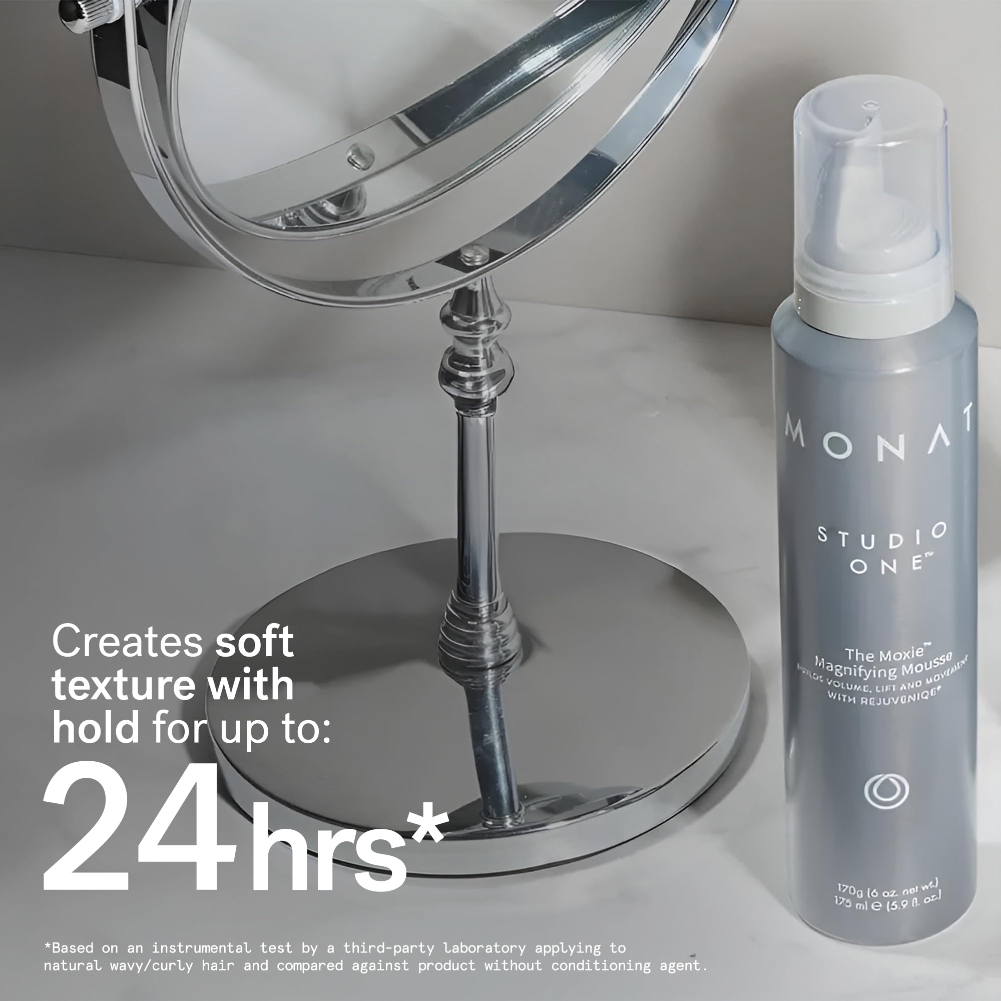 MONAT Moxie Magnifying Mousse results in voluminous hair with lift and bounce.