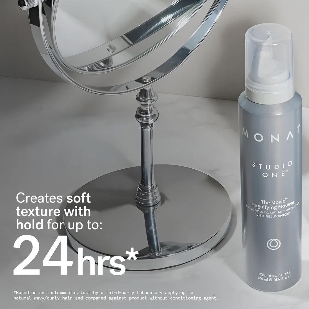MONAT Moxie Magnifying Mousse results in voluminous hair with lift and bounce.