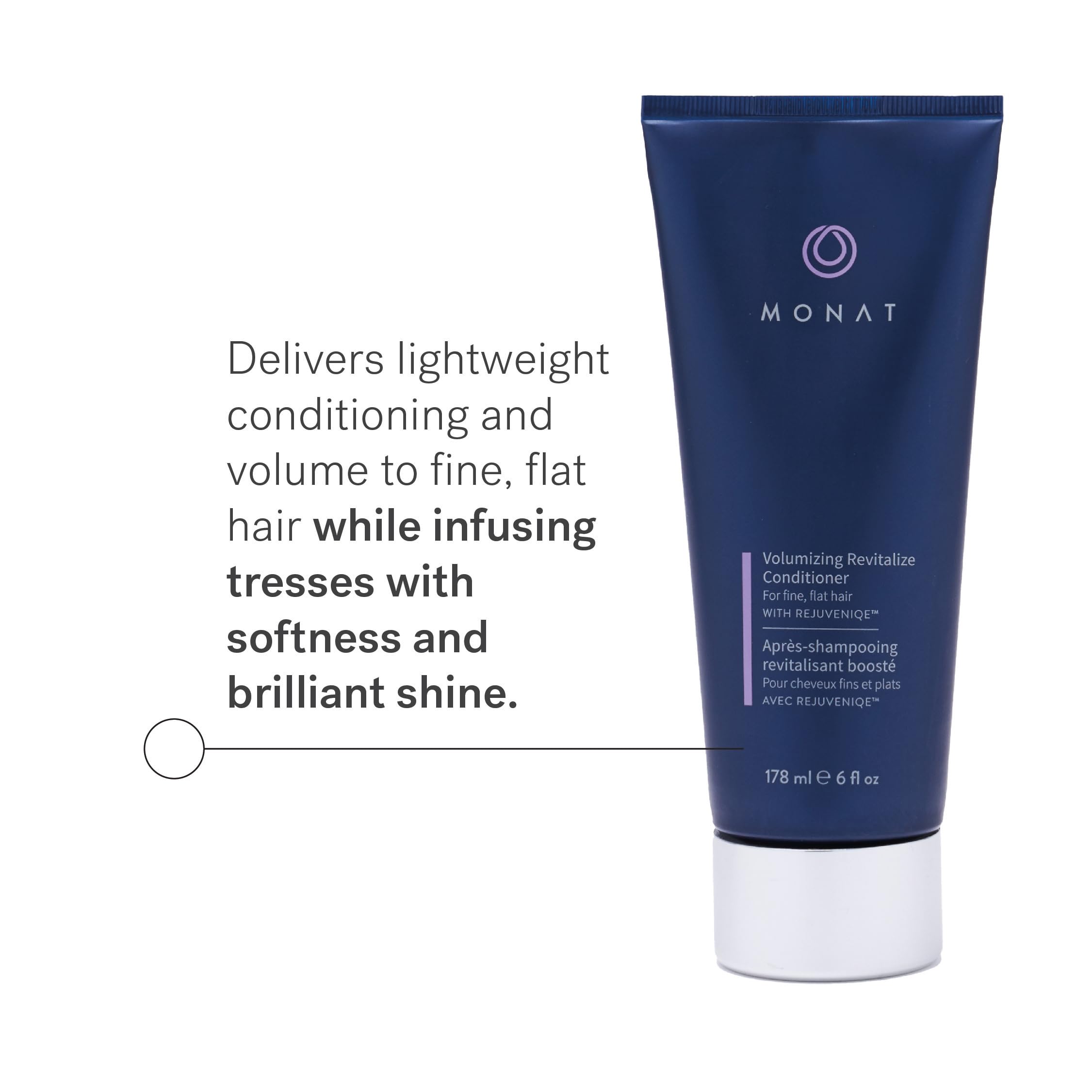 MONAT Volumizing Revitalize Conditioner packaging display highlights vegan formula benefits.