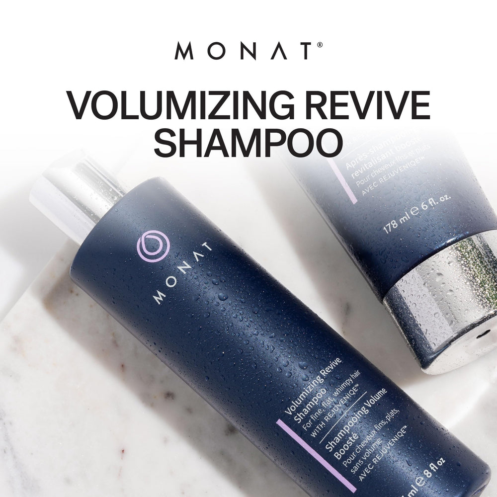 MONAT Volumizing Revive Shampoo close-up on fine hair texture with lift.