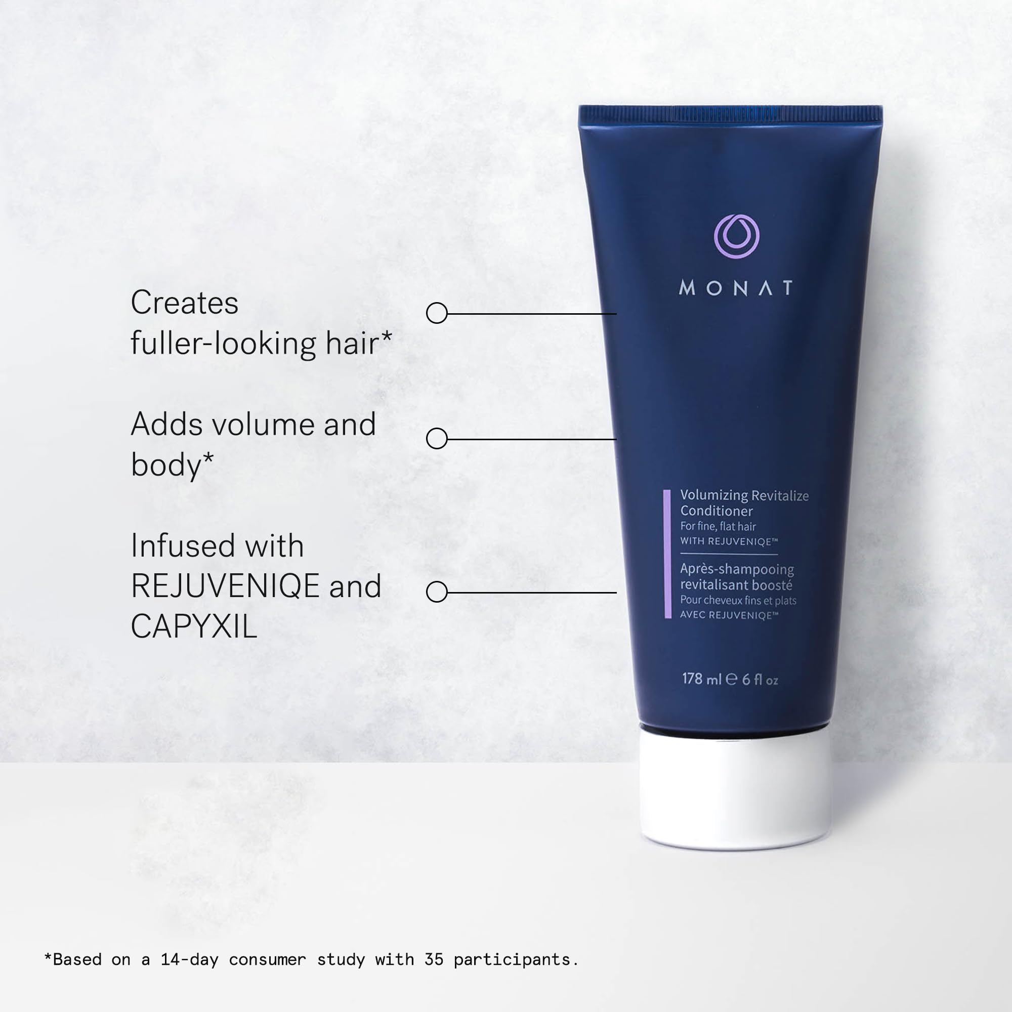 MONAT Volumizing Set packaging highlights vegan, REJUVENIQE-infused formulas for healthier-looking hair