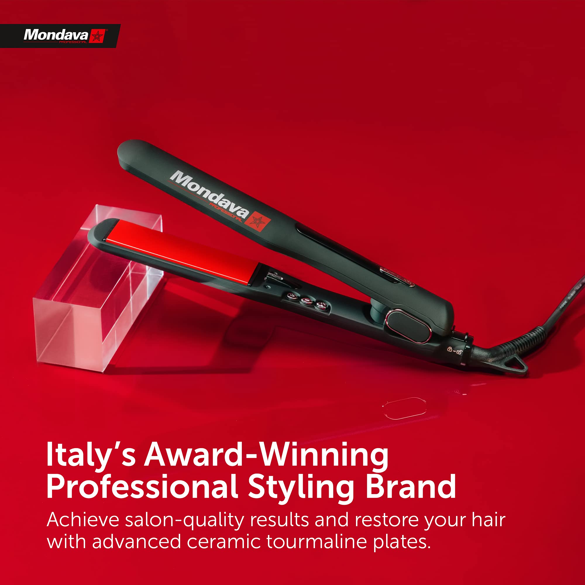 Mondava ceramic tourmaline flat iron with 1-1/4 inch plate offers versatile straightening and waves