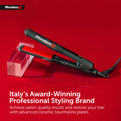 Mondava ceramic tourmaline flat iron with 1-1/4 inch plate offers versatile straightening and waves