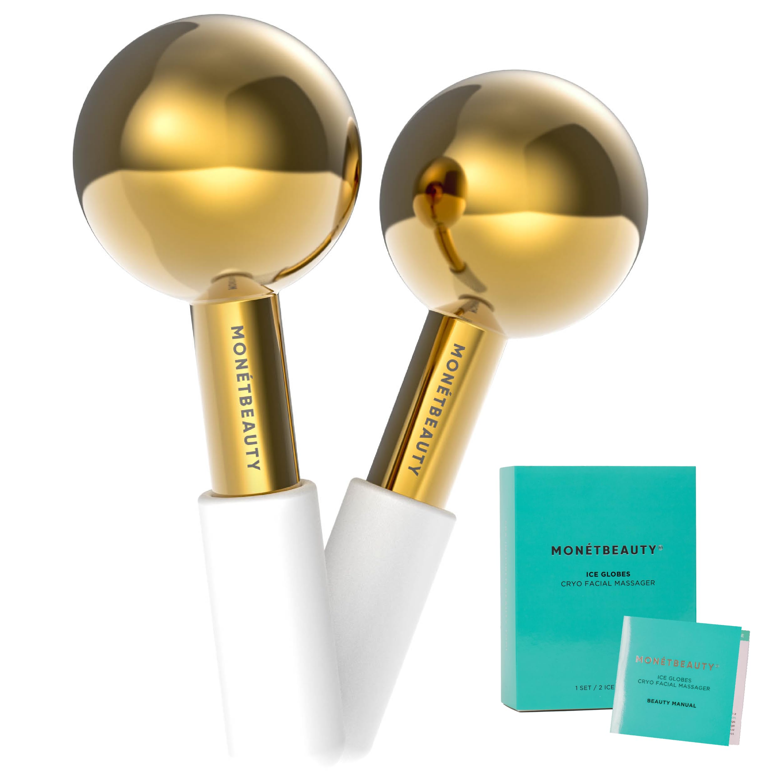 MonétBeauty gold stainless steel ice globes glide across skin for cooling and depuffing.