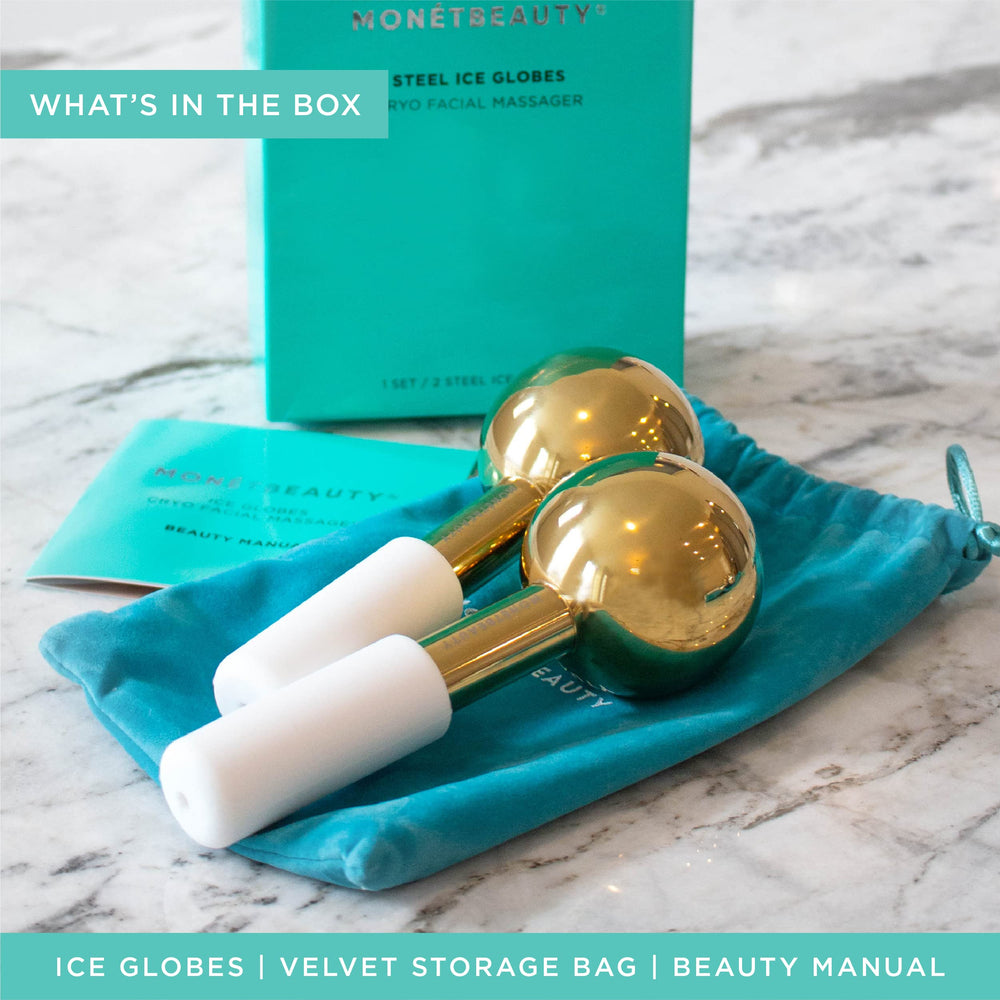 MonétBeauty gold ice globe with non-toxic liquid for long-lasting chill.