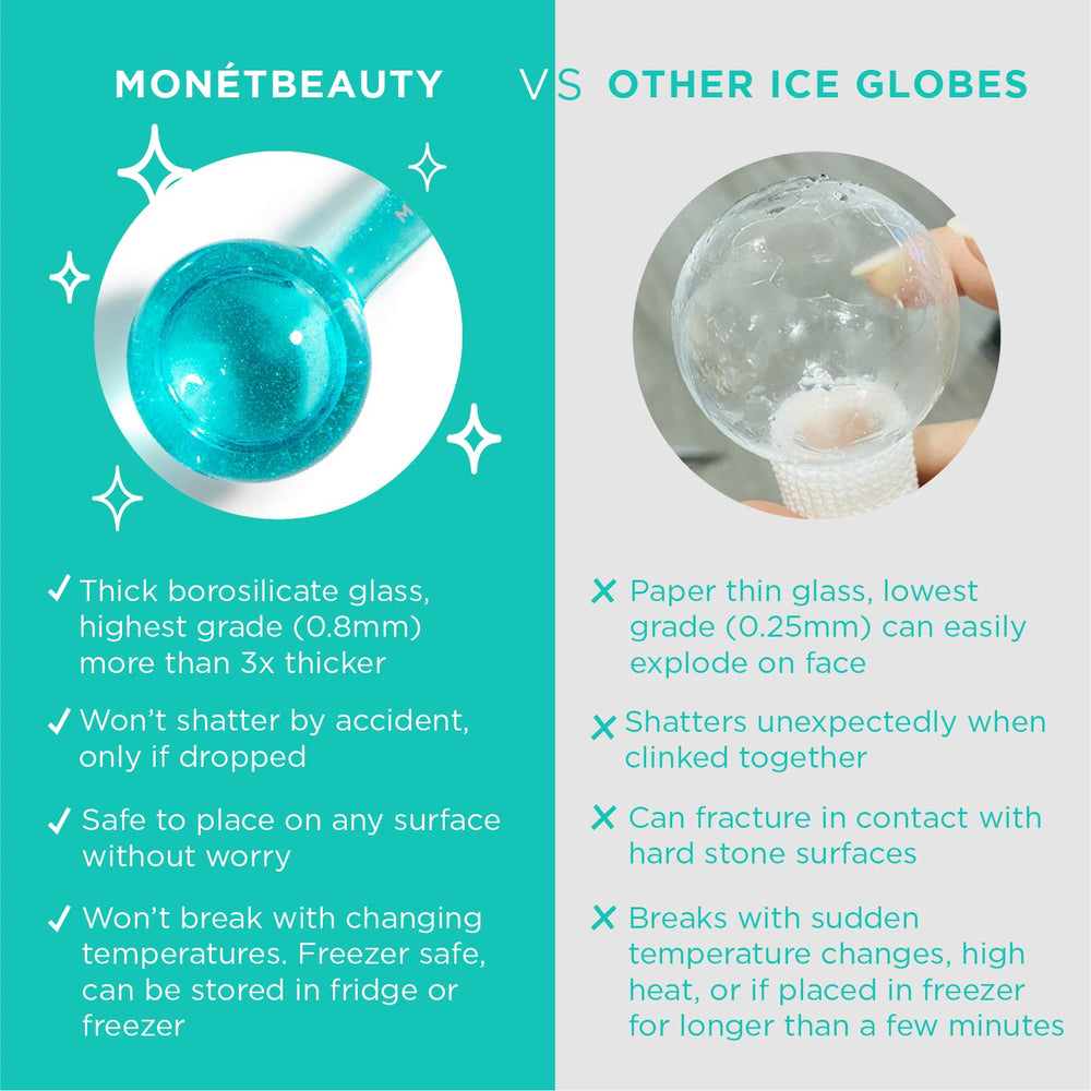 MonétBeauty Ice Globes close-up showcasing durable borosilicate glass for cold therapy.