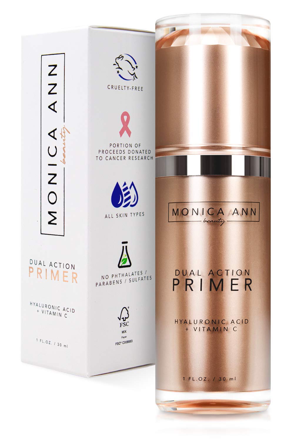 Monica Ann Beauty Dual-Action Face Primer bottle highlighting pore-minimizing formulation for smoother skin