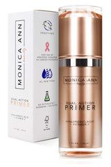 Monica Ann Beauty Dual-Action Face Primer bottle highlighting pore-minimizing formulation for smoother skin