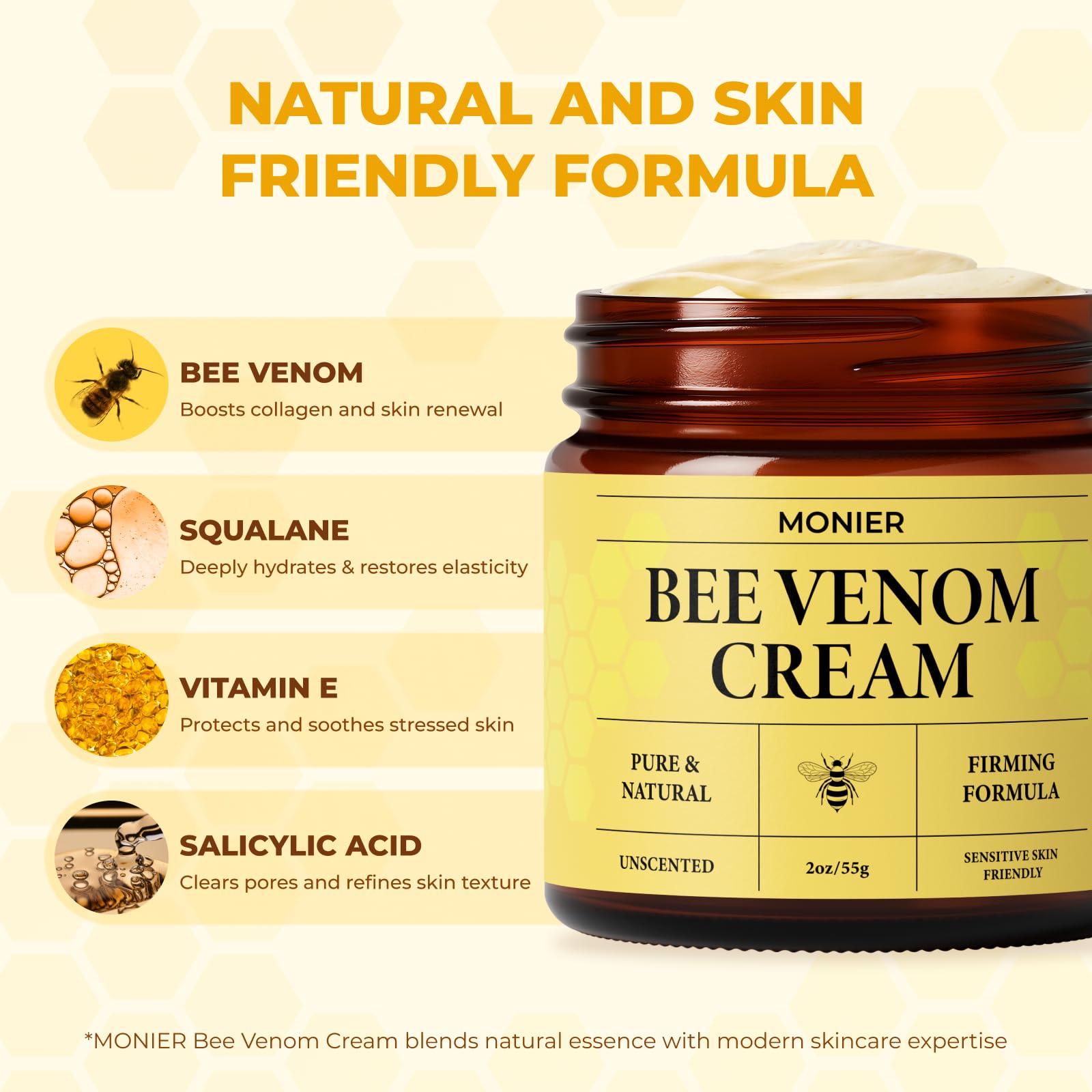 MONIER Bee Venom Cream packaging highlighting gentle, natural care for all skin types.