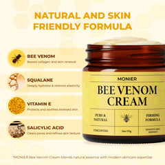 MONIER Bee Venom Cream packaging highlighting gentle, natural care for all skin types.