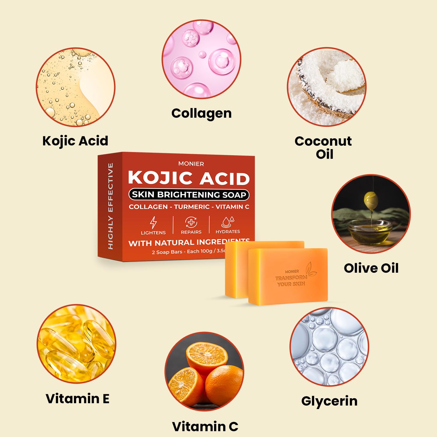 MONIER Kojic Acid Soap rich-lather provides a nourishing cleanse and soothe sun-exposed skin.