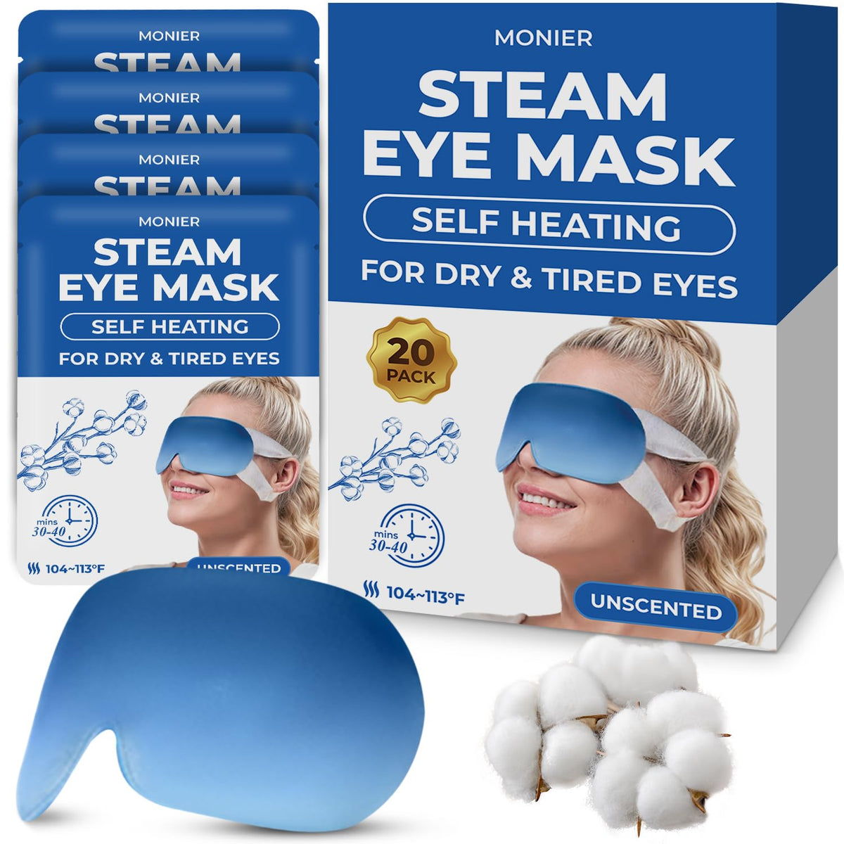 MONIER steam eye mask pack opening for quick relaxation.