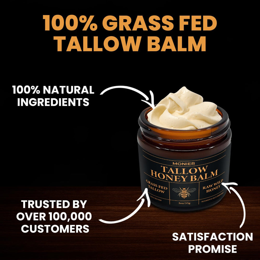 MONIER Tallow and Honey Balm being applied to the face as a versatile moisturizer.