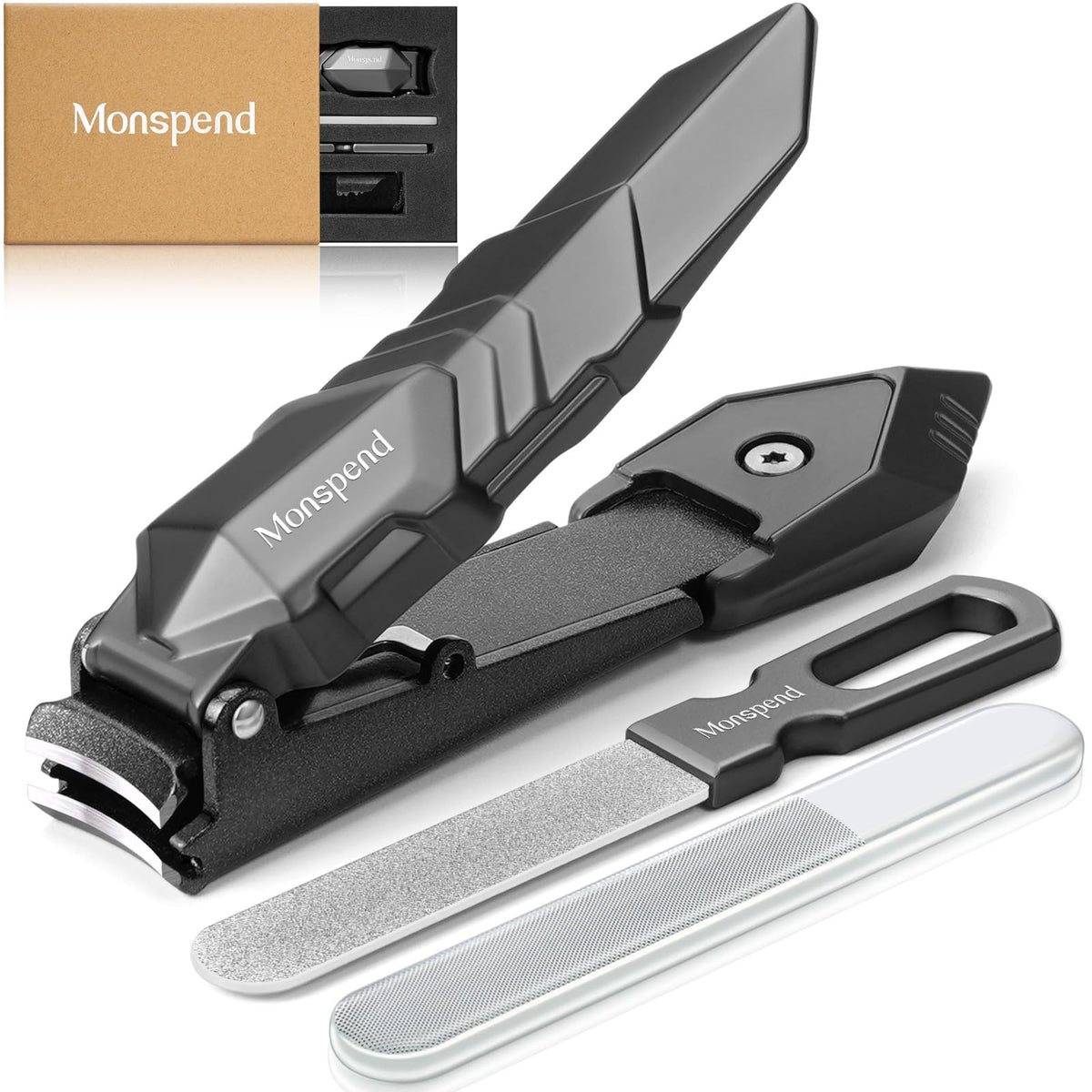 Monspend Nail Clippers with Catcher closeup showing integrated storage