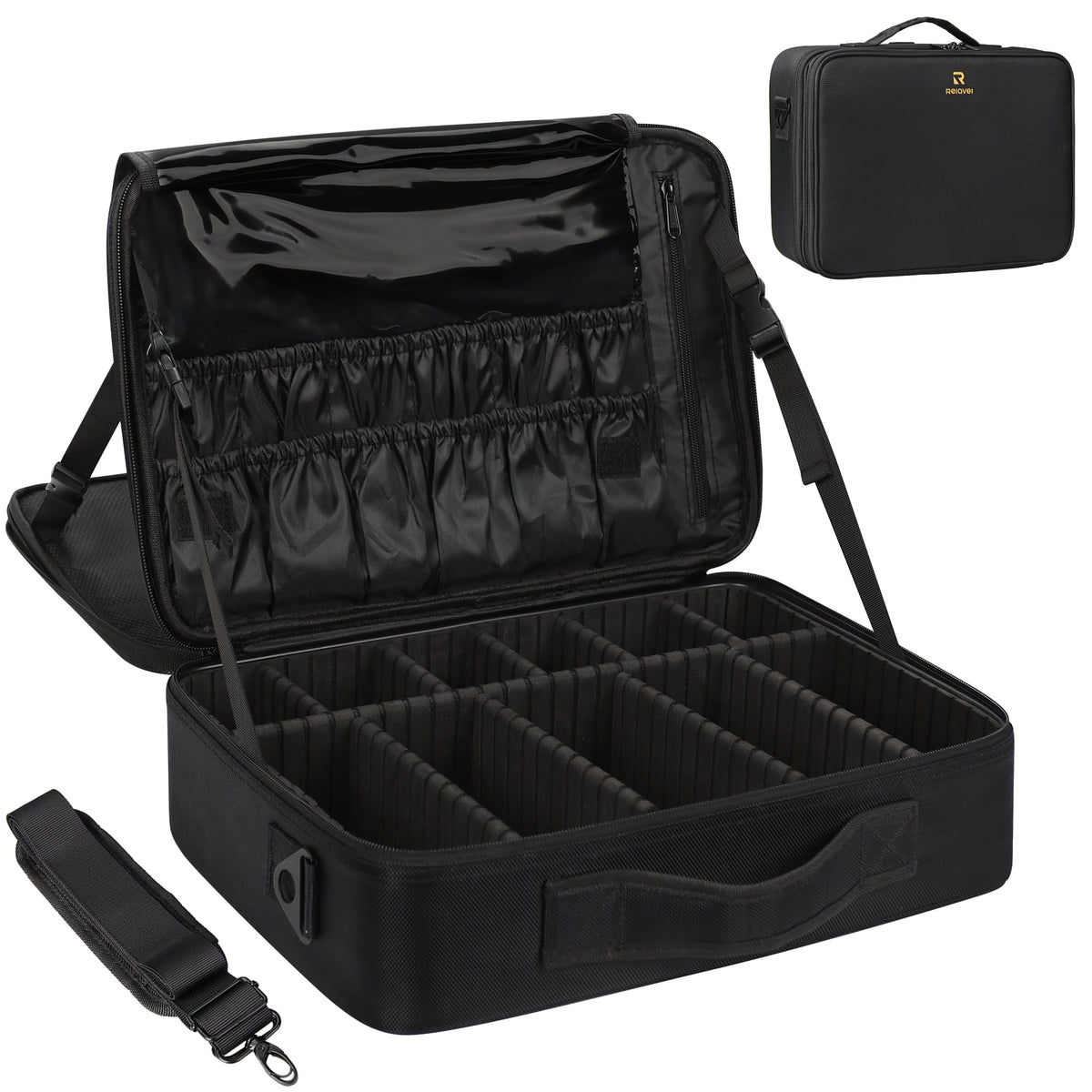 MONSTINA large-capacity makeup case front view shows sturdy build for organized travel.