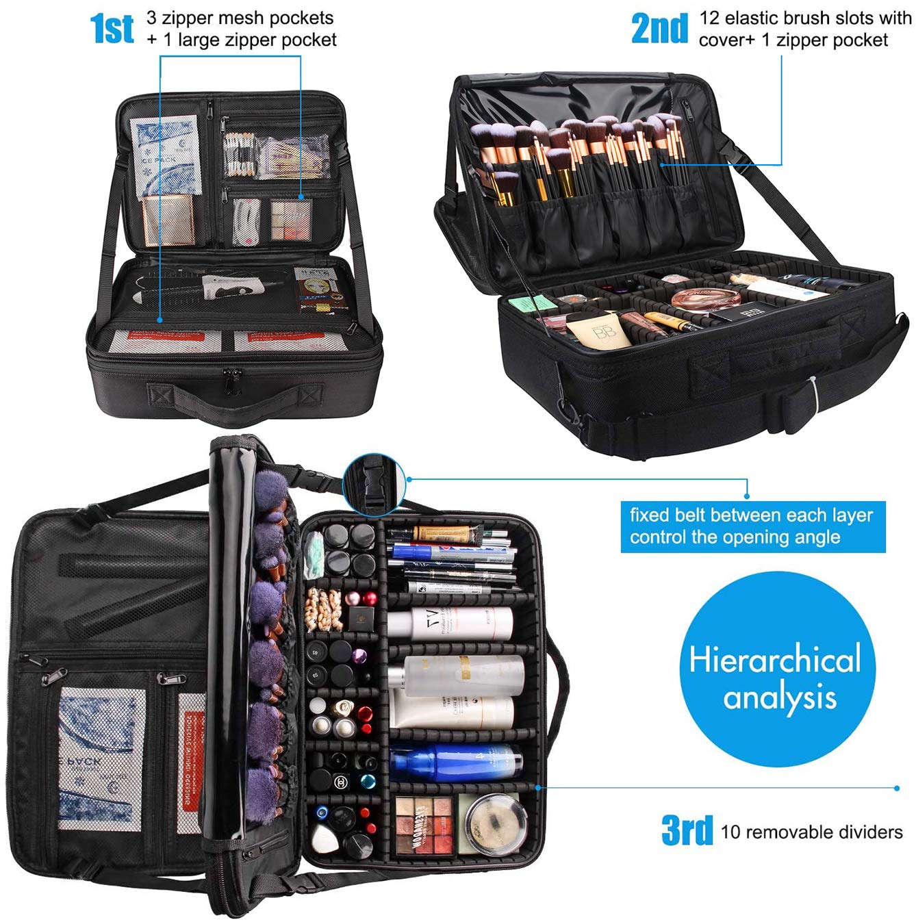 MONSTINA interior with adjustable dividers demonstrates customizable compartments for brushes and cosmetics.