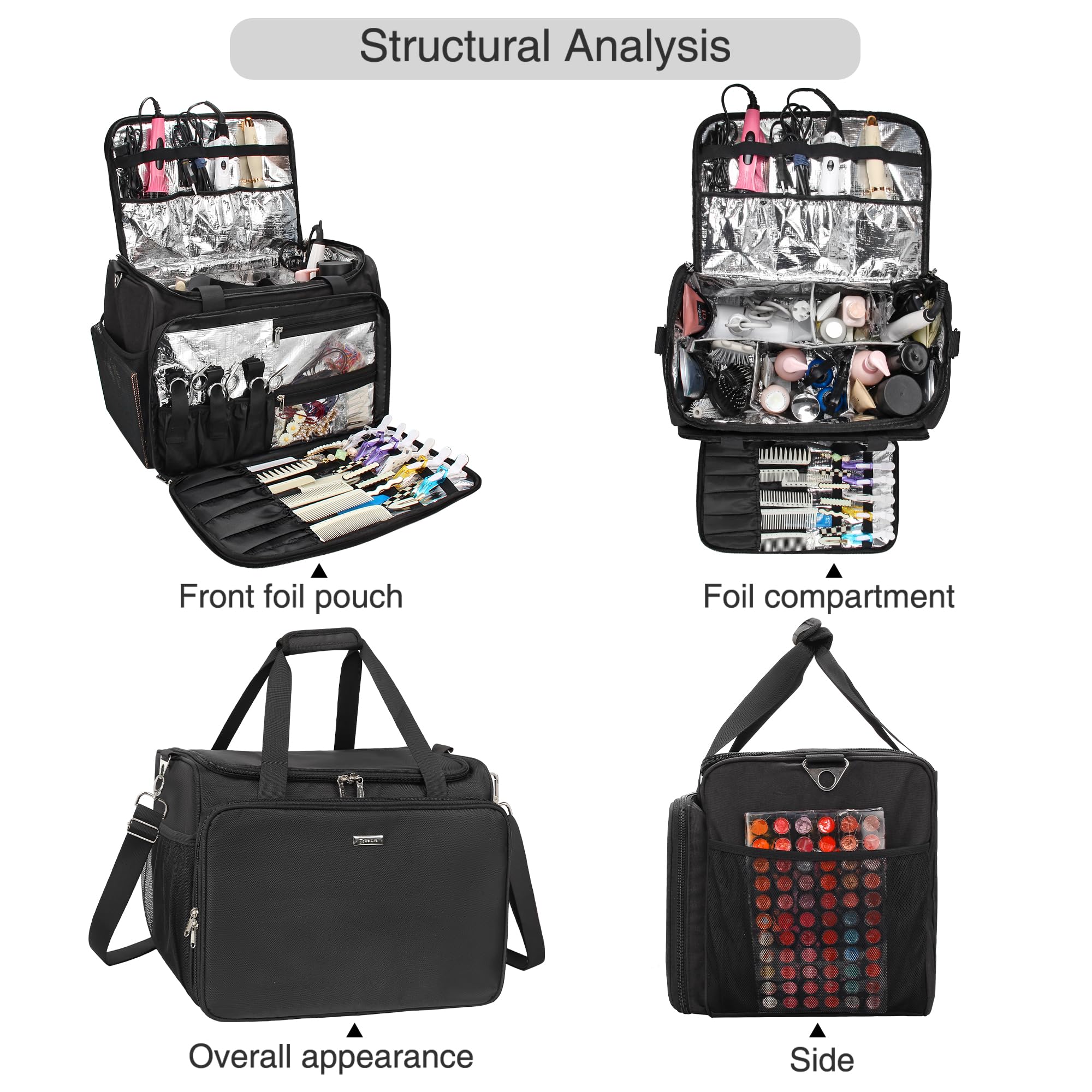 MONSTINA bag interior layout shows organized pockets for scissors and clips