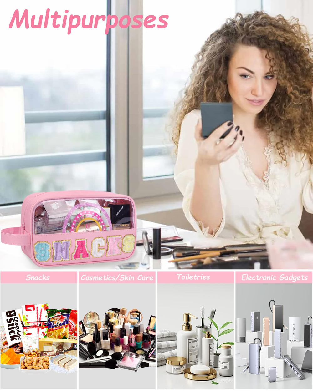 MONSTINA multi-use clear pouch for travel cosmetics and toiletries.
