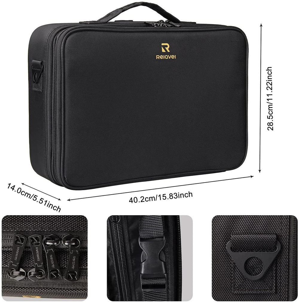 MONSTINA three-layer train case opened reveals generous space for tools and palettes.