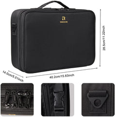 MONSTINA three-layer train case opened reveals generous space for tools and palettes.