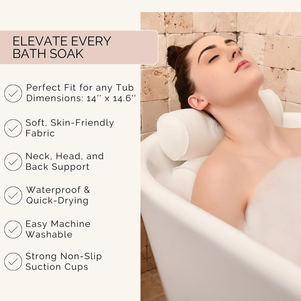 Monsuri bath pillow fabric texture features breathable 3D mesh for quick-dry maintenance.
