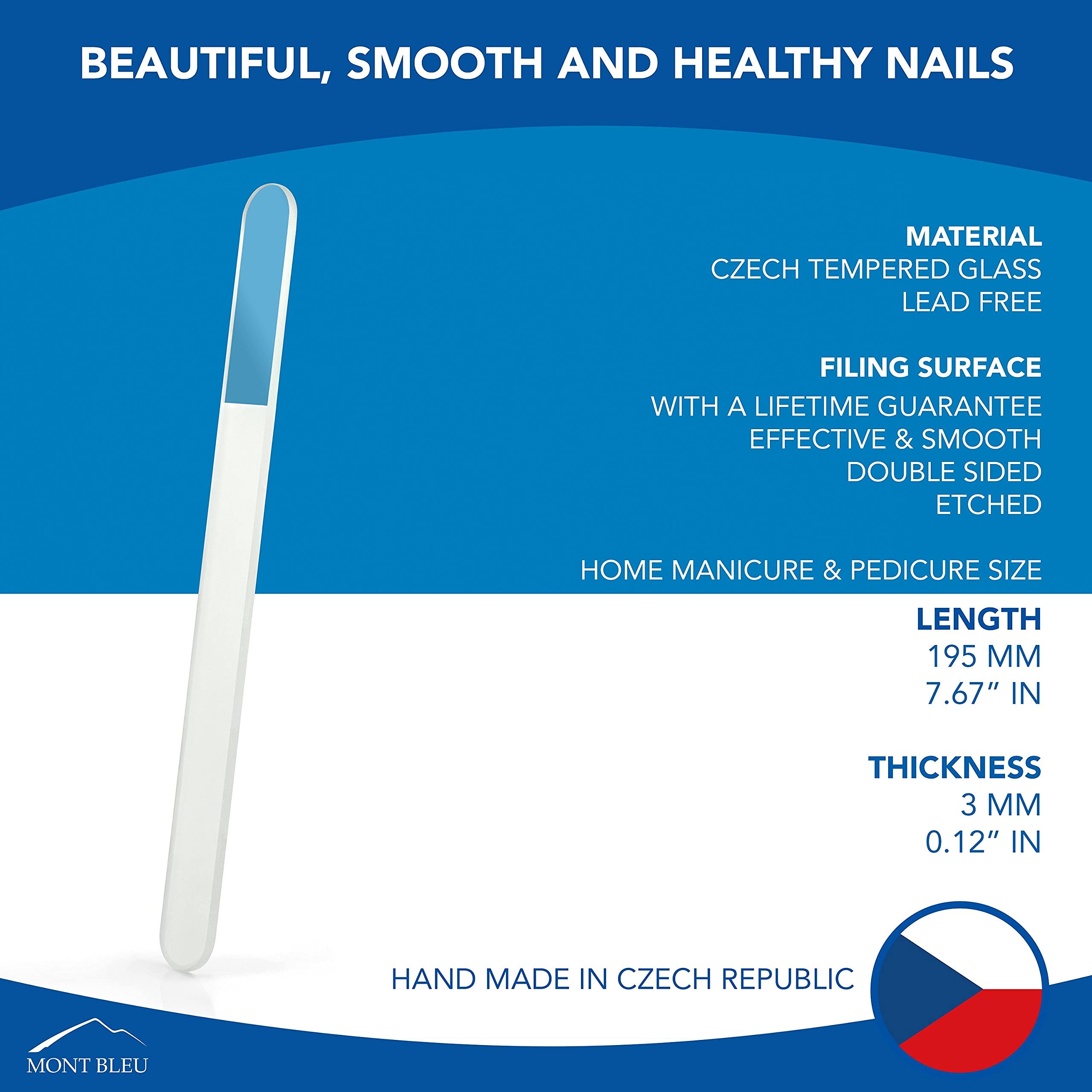 Mont Bleu handmade Czech glass nail file highlights craftsmanship and lasting quality.
