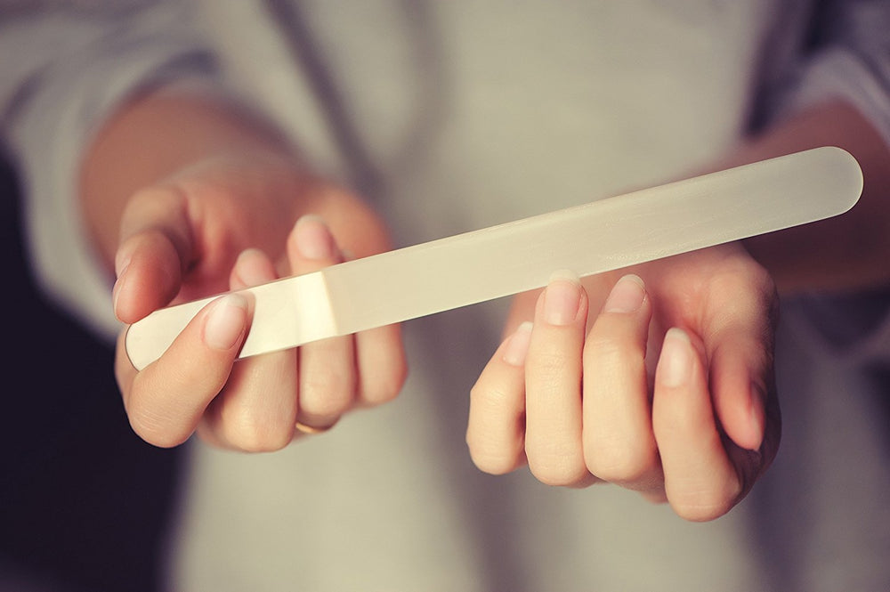Mont Bleu nail file close-up demonstrating double-tempered glass strength for daily use.