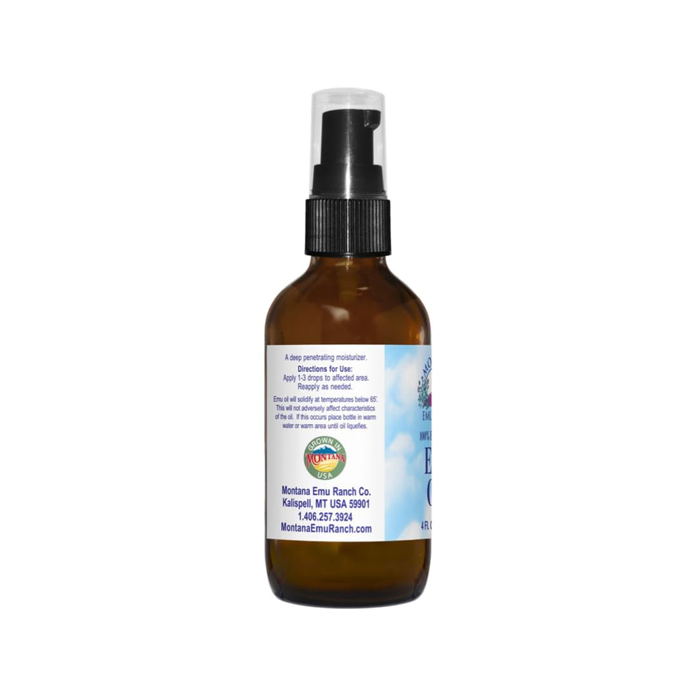 Montana Emu Ranch odorless emu oil glass bottle for fragrance-free skin care.