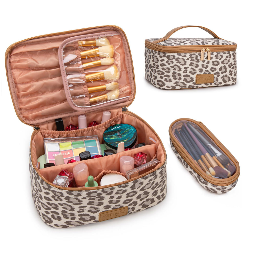 Montana West Wrangler travel makeup bag leopard set shows large capacity for cosmetics on the go.